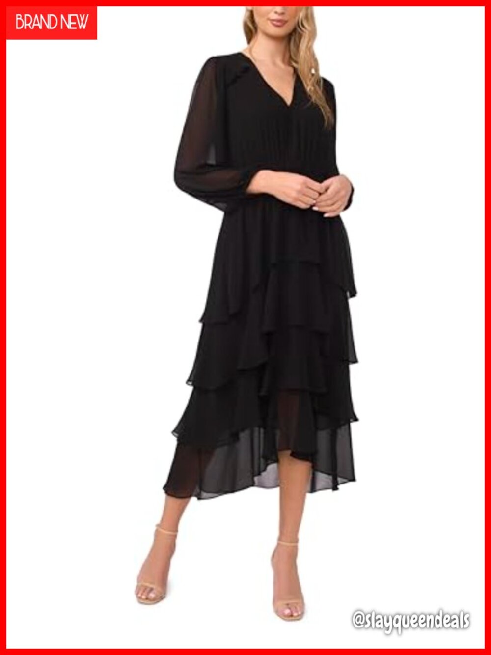 Womens Tiered Ruffle V-Neck Long Sleeve Smocked Waist Midi Dress